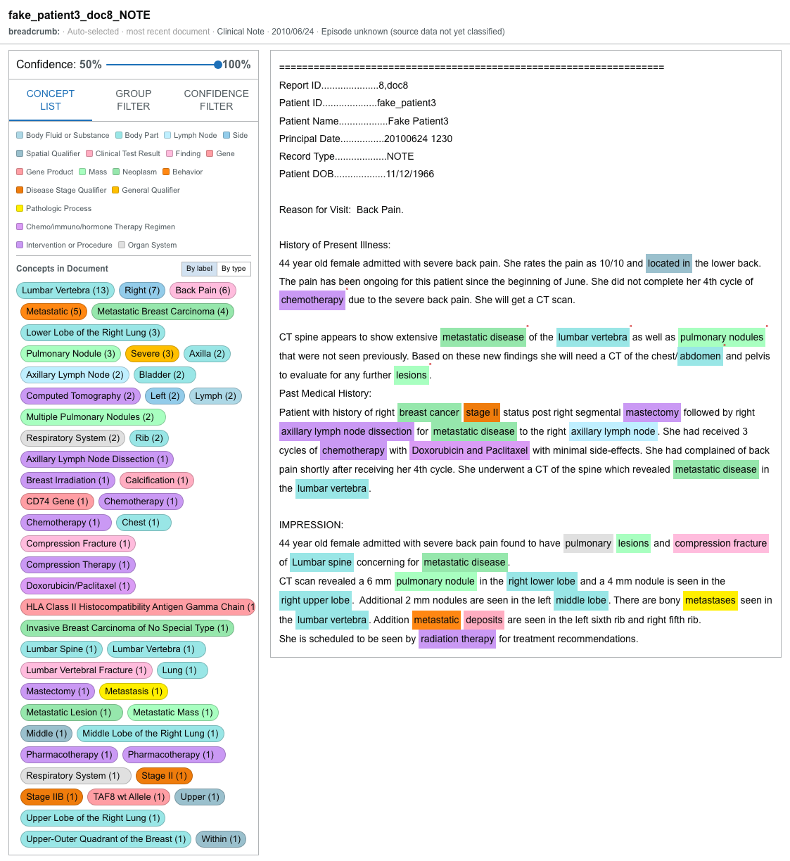 The Document Viewer with the concept list and highlighted text mentions