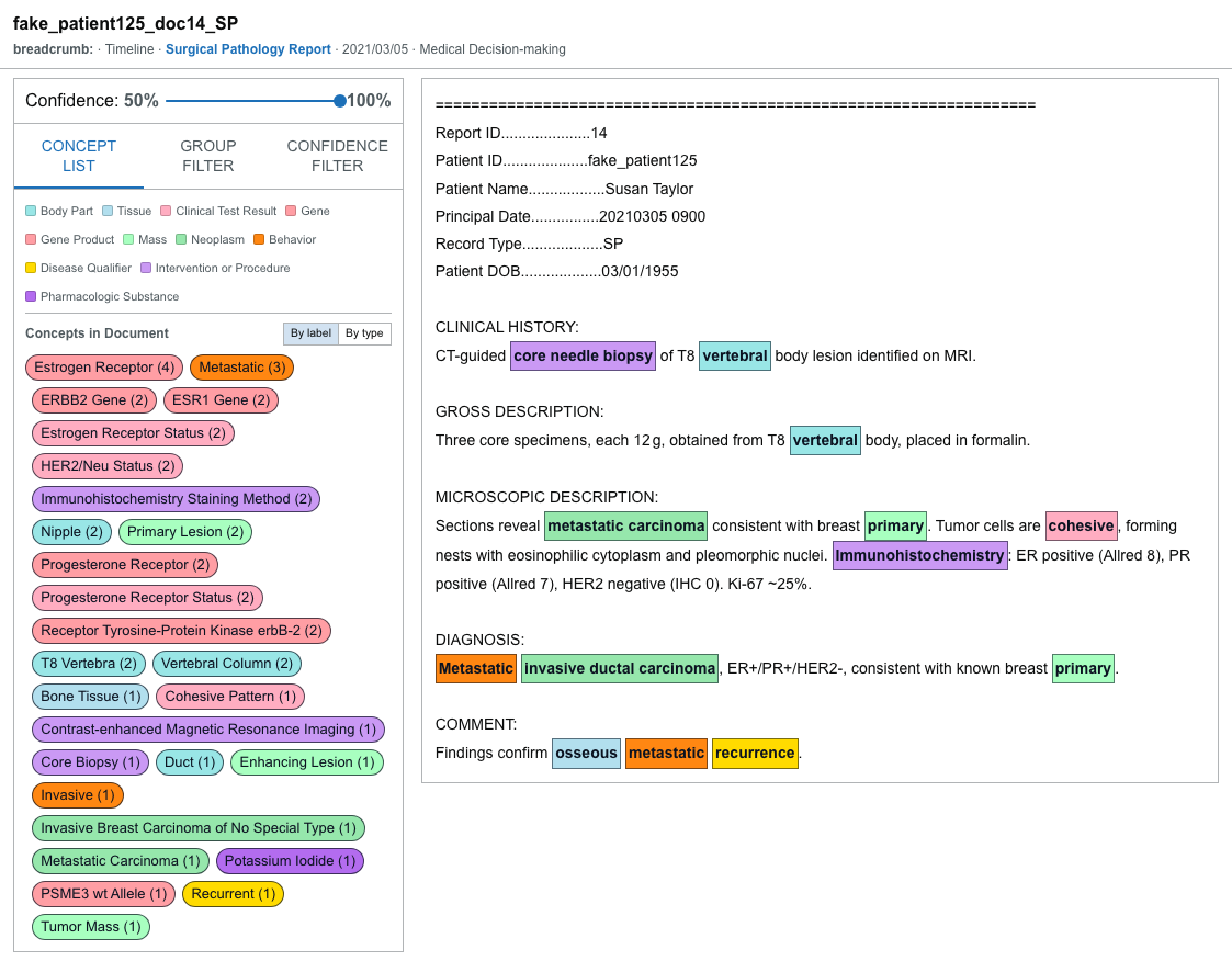 The Document Viewer showing the pathology report with concepts highlighted in the note text