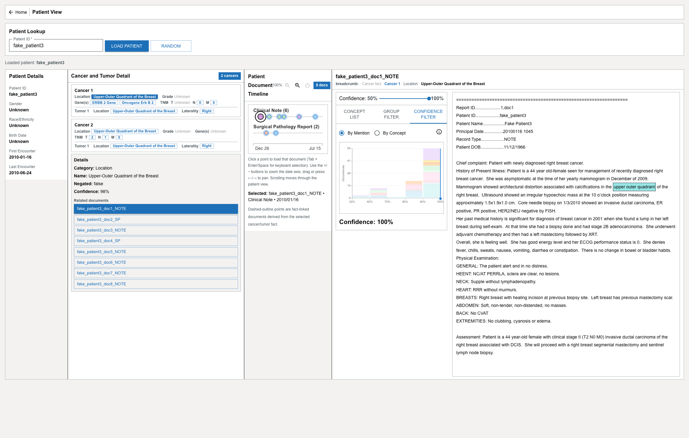 A selected cancer fact showing its detail fields and related documents, with the linked note in the timeline