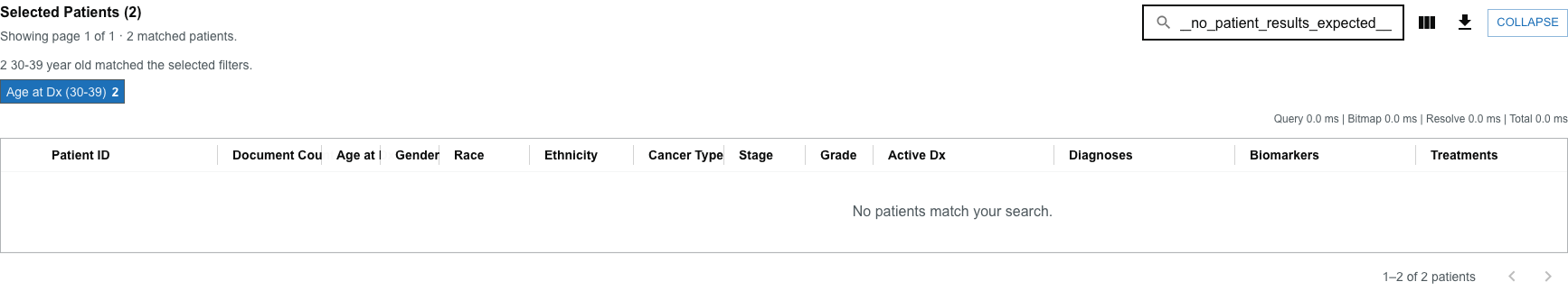 The table showing the "No patients match your search." empty state