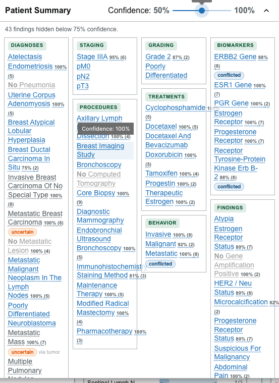 The Patient Summary confidence slider, with a message noting how many findings are hidden below the threshold