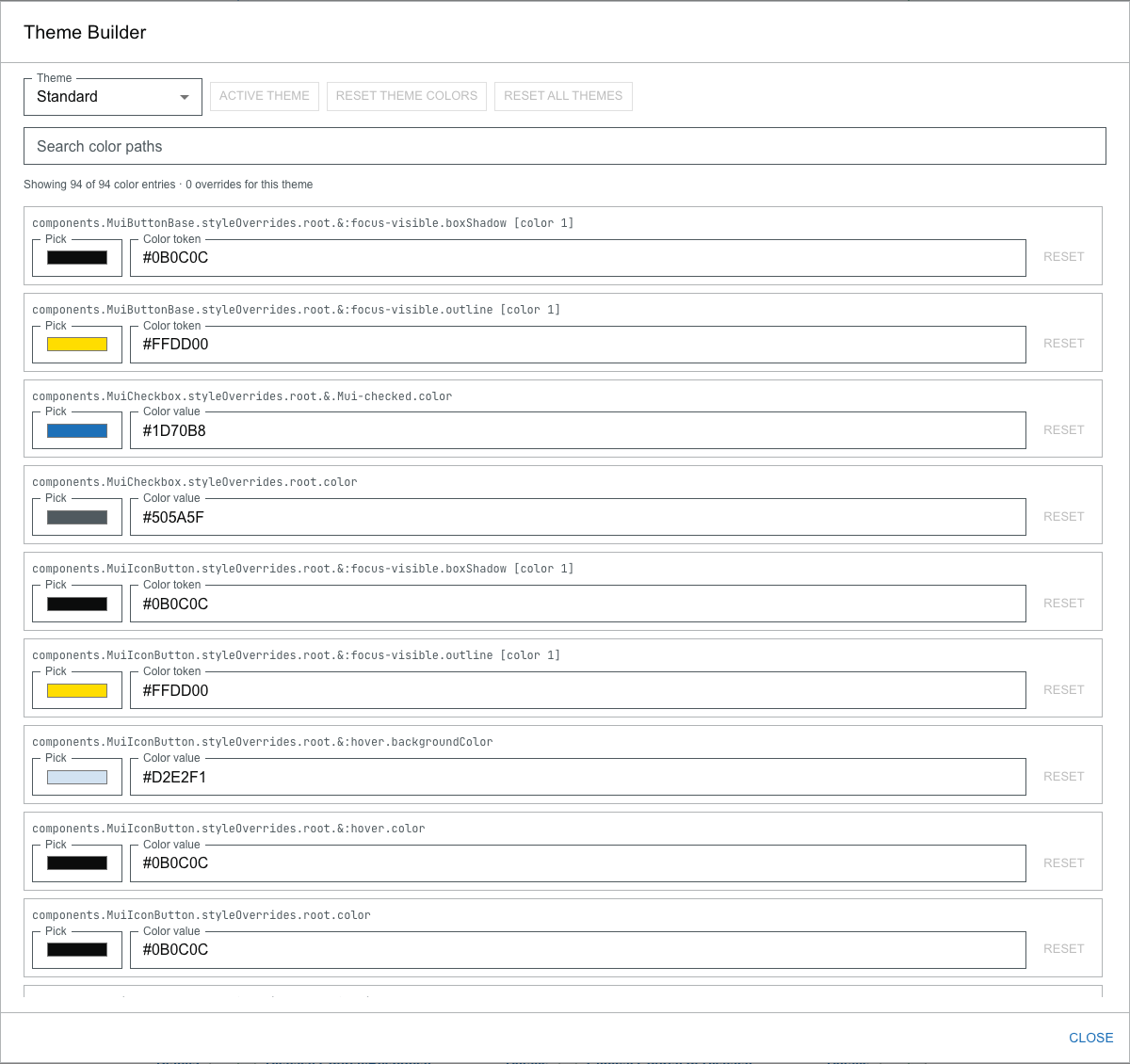 The Theme Builder with a theme selected, the color-path search, a color entry, and reset controls